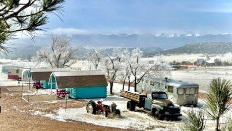 Starlite vintage resort campground in the snow displaying a magical winter weekend getaway.