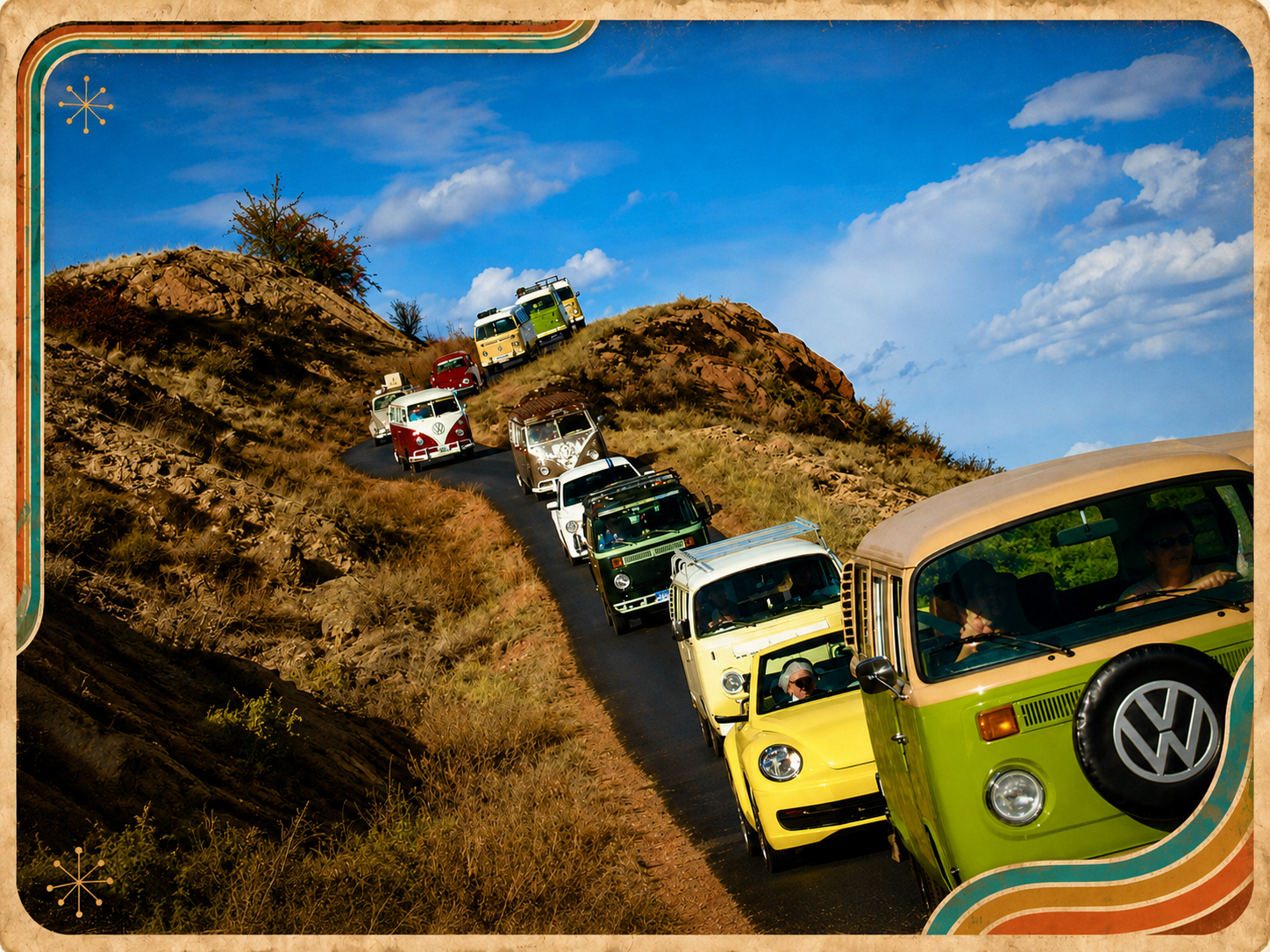 Vintage Volkswagen buses gathered at Starlite Vintage Resort near the Royal Gorge